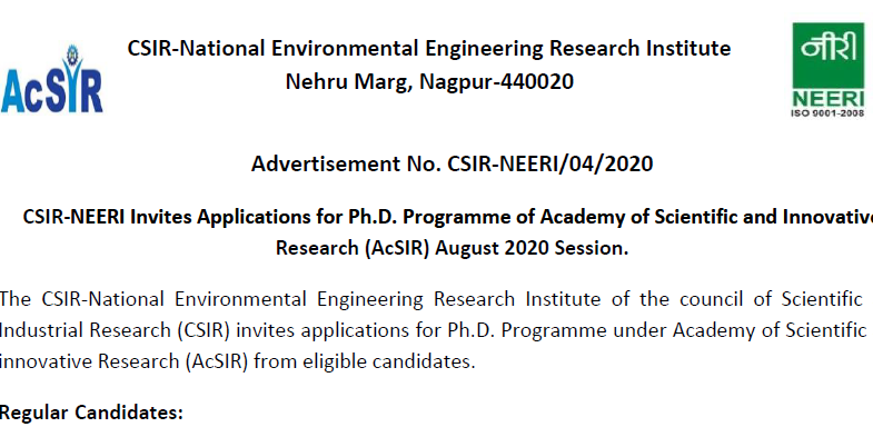 CSIR-NEERI Invites Applications for Ph.D. Programme of Academy of Scientific and Innovative Research (AcSIR) August 2020 Session. Image