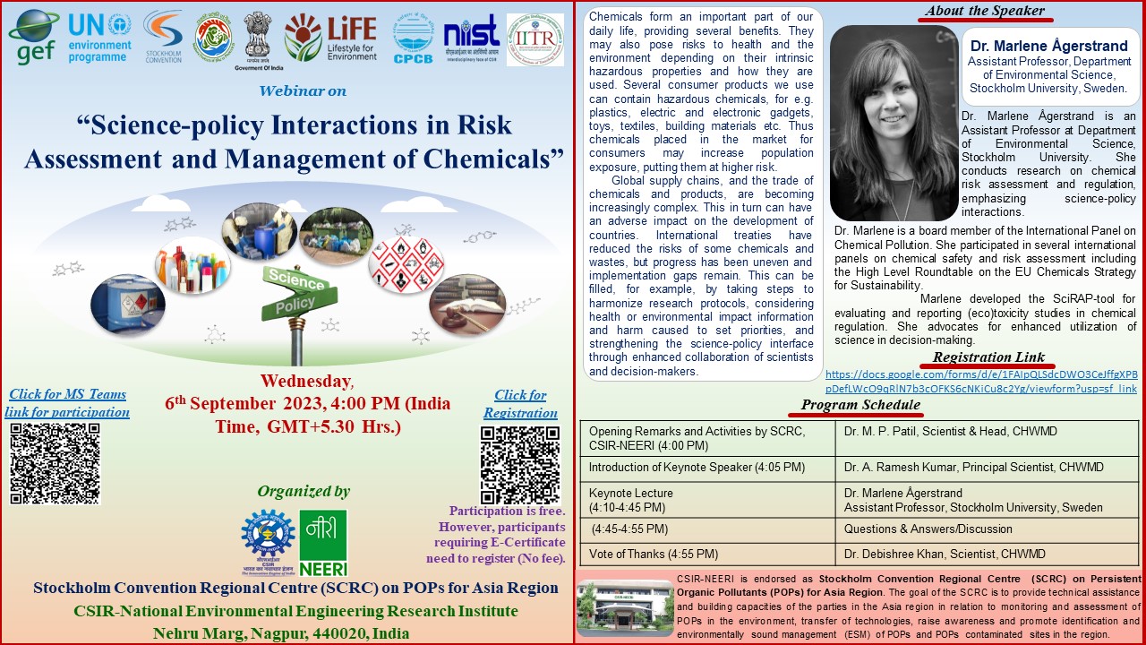 Webinar on “Science-policy Interactions in Risk Assessment and Management of Chemicals” 06 September 2023, 4.00 PM Image